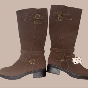 VEGAN BROWN FAUX-SUEDE RIDING BOOTS W\BUCKLE STRAPS & SIDE ZIPPER CLOSURE• S/7.5